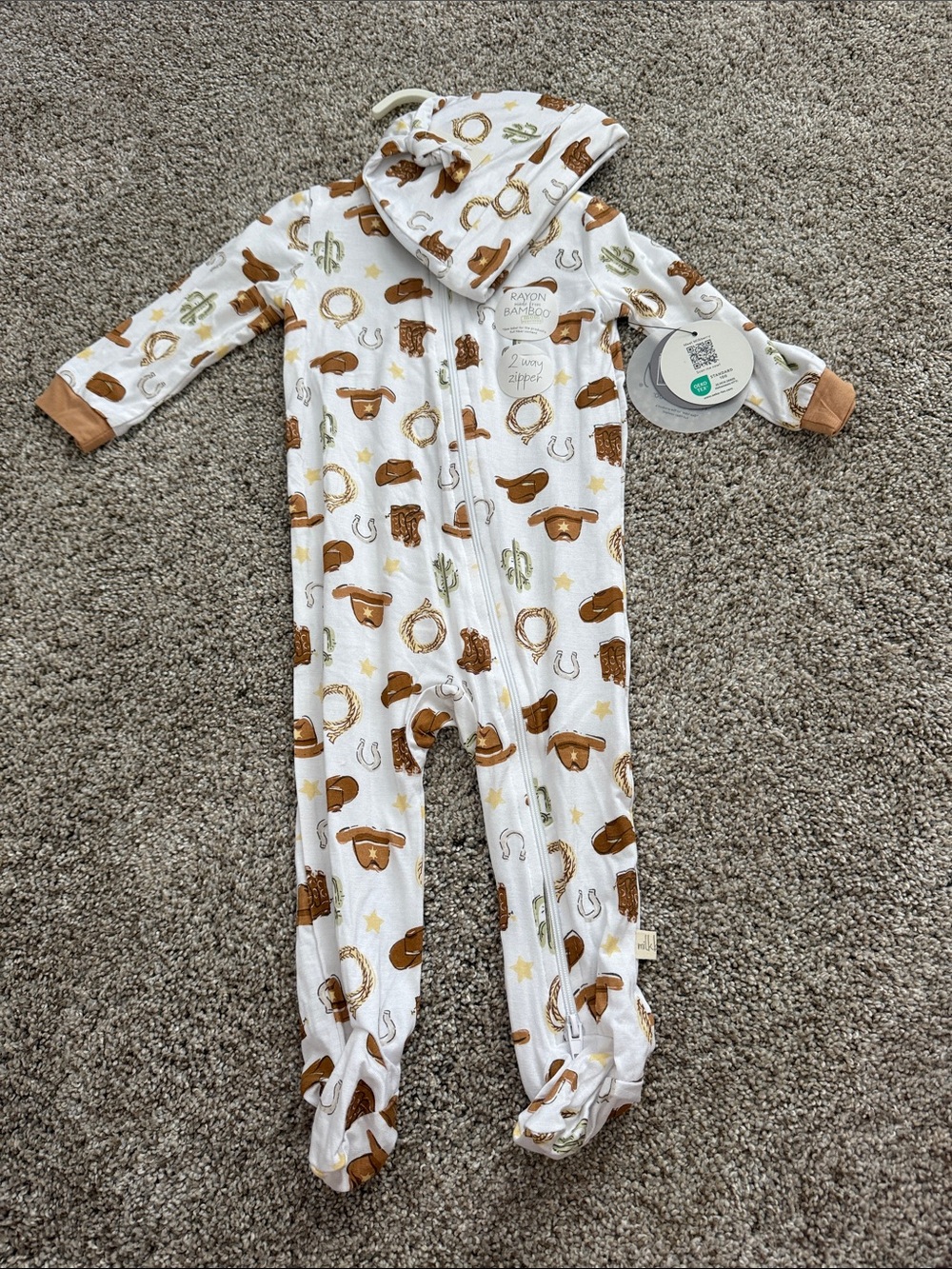 Baby Footed One-Piece Romper in White with Brown Cowboy Print